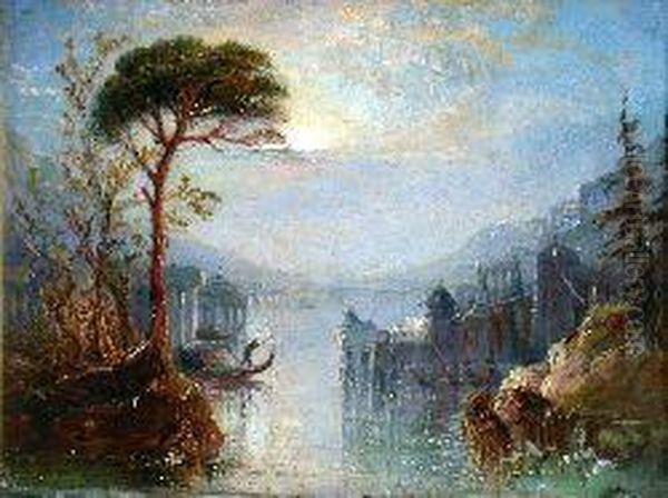 An Italianate River Landscape With Classical Temples Oil Painting by James William Giles