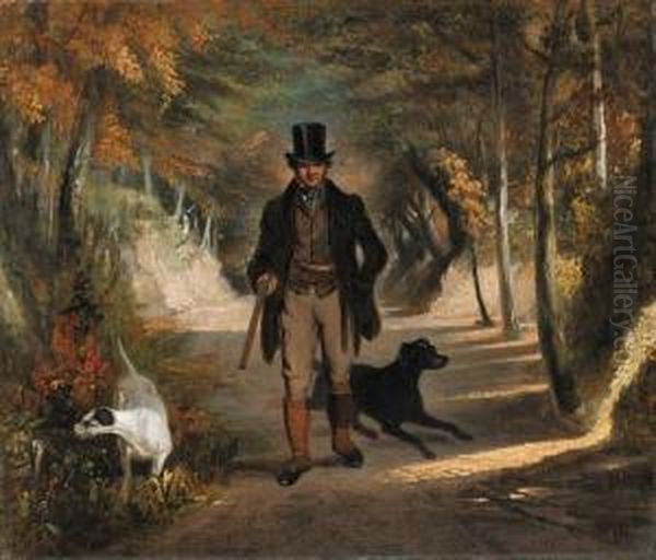 A Sportsman With Gundogs On A Woodland Path Oil Painting by James William Giles