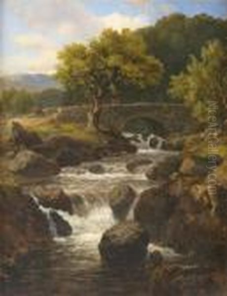 Landscape With Waterfall, Evening North Wales Oil Painting by Edmund Gill