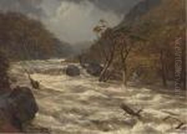 The Lludwy In Full Spate, North Wales Oil Painting by Edmund Gill