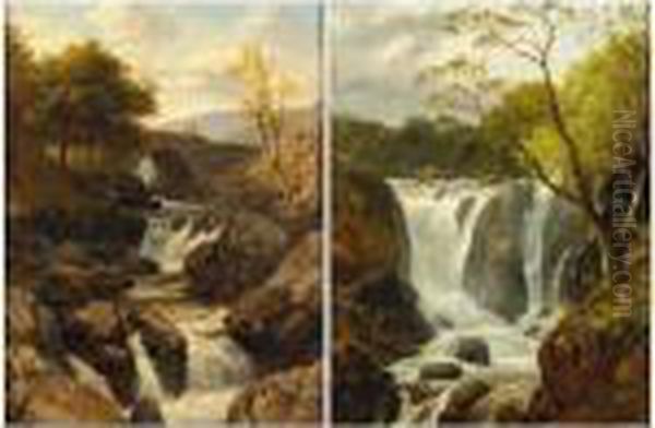 Welsh Waterfall Scenes Oil Painting by Edmund Gill