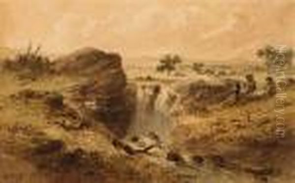 Waterfall With Aborigines Oil Painting by Samuel Thomas Gill