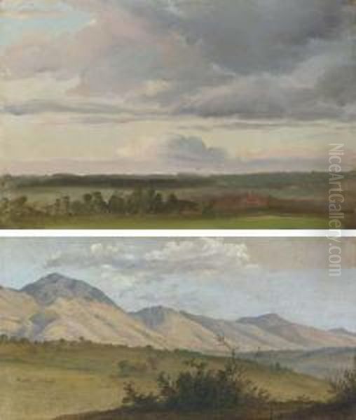 Landscape With Clouds Near Moritzburg; And A View Of Monte Seroneand Monte Ernici Oil Painting by Christian Friedrich Gille