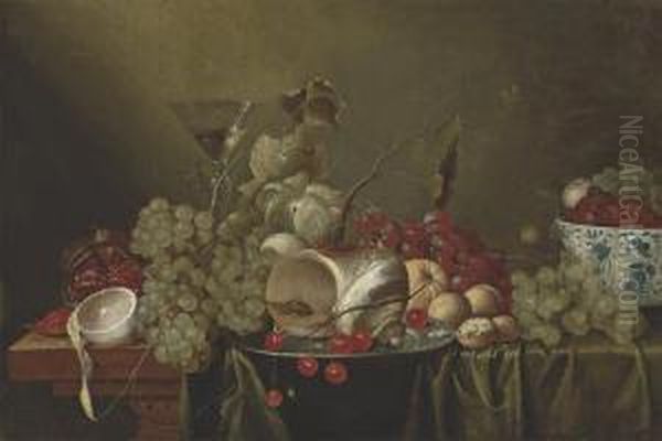 Cherries And A Conch Shell On A Silver Platter Oil Painting by Jan Pauwel Gillemans The Elder