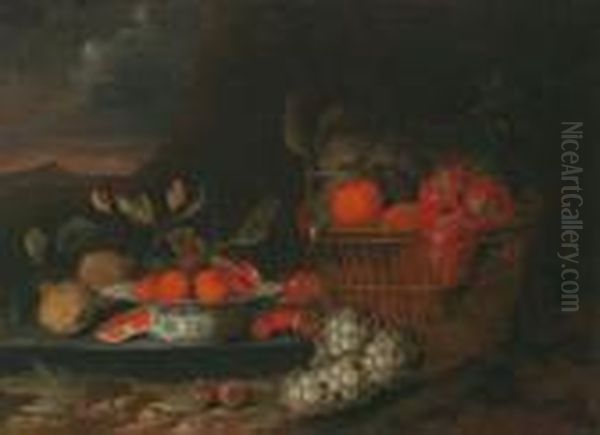 Paesaggio Montagnoso Con Natura 
Morta Con Frutti In Una Coppa Di Porcellana Wan Li Krak E In Un Cestino Oil Painting by Jan Pauwel Gillemans The Elder