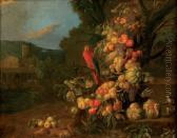 Guirlande De Fruits Animee De Perroquet, Singe Et Ecureuil Dans Unpaysage Classique Oil Painting by Jan Pauwel Gillemans The Elder