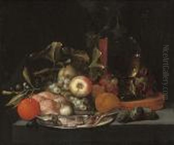 A Herring On A Pewter Platter 
With Oranges, Figs, Apples, Grapes, A Loaf Of Bread, A Facon De Venise 
Glass And A Roemer On A Stone Ledge Oil Painting by Jan Pauwel Gillemans The Elder