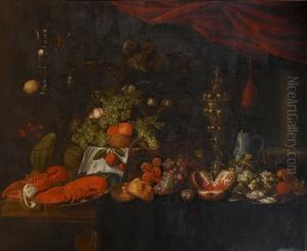 A Still Life Of Pewter Dishes Of
 Lobsters And Oysters, A Silver Gilt Covered Cup, Grapes, Pomegranates 
And Bread Rolls On A Draped Table, A Basket Of Grapes And Peaches And A Oil Painting by Jan Pauwel Gillemans The Elder