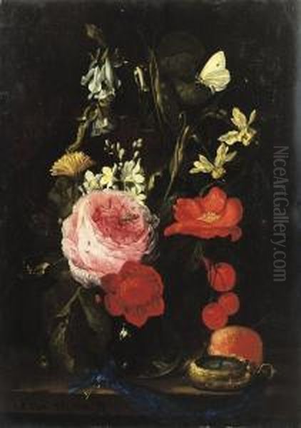 A Rose, An Anemone, A Marigold, 
Narcissi And Other Flowers In Aglass Vase With A Brass-cased Watch On A 
Blue Key-ribbon On Awooden Table Oil Painting by Jan Pauwel Gillemans The Elder