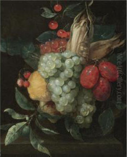 A Still Life With A Festoon Of 
Grapes, Plums, Lemons, Cherries, Wild Strawberries And A Corn On The Cob Oil Painting by Jan Pauwel Gillemans The Elder