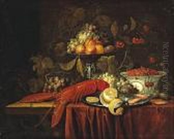 A Still Life With Fruit, 
Strawberries In Aoriental Bowl And A Lobster Together On A 
Partially-drapedtable Oil Painting by Jan Pauwel Gillemans The Elder