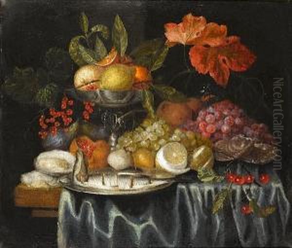 A Still Life Of Oysters, A 
Silver Tazza With Oranges And Lemons, Fish On A Silver Dish And Other 
Fruit On A Table Draped With A Blue Cloth Oil Painting by Jan Pauwel Gillemans The Elder