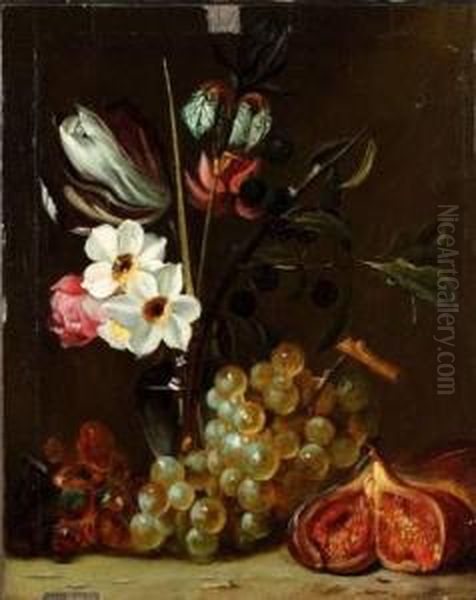 Nature Morte Au Bouquet De Fleurs Dans Un Vase De Cristal Et Fruits, Raisins Et Figues Oil Painting by Jan Pauwel Gillemans The Elder