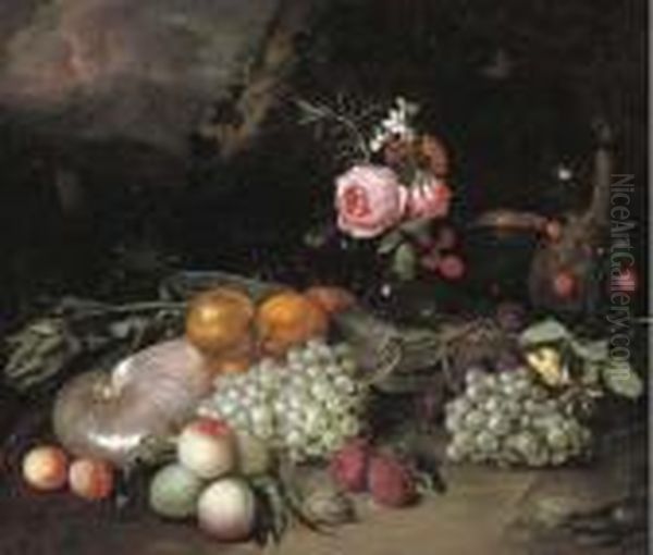 A Nautilus Shell, An Artichoke, 
Oranges, Peaches, Grapes, A Vase With Flowers, Plums And A Bottle In A 
Landscape Oil Painting by Jan Pauwel Gillemans The Elder