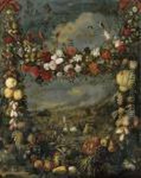 Animals In A Landscape Surrounded By A Garland Of Flowers Oil Painting by Jan Pauwel Gillemans The Elder