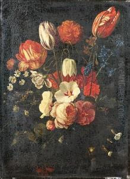 Tulips, A Fritillary, Hyacinths,
 Bluebells, Daisies, Anemones, A Rose And Other Flowers In A Glass 
Vase, With A Red Admiral Butterfly Oil Painting by Jan Pauwel Gillemans The Elder