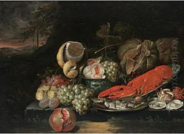 A Sumputuous Still Life With A 
Lobster In A Wan-li Bowl,a Herring On A Silver Plate, Grapes, Peaches, 
And Figs In A Wan-li Bowl, A Lemon In A Roemer, Pumpkins, A Pomegranate,
 Together With Oysters And Crabs, All On A Stone Ledge In A Landscape Oil Painting by Jan Pauwel Gillemans The Elder