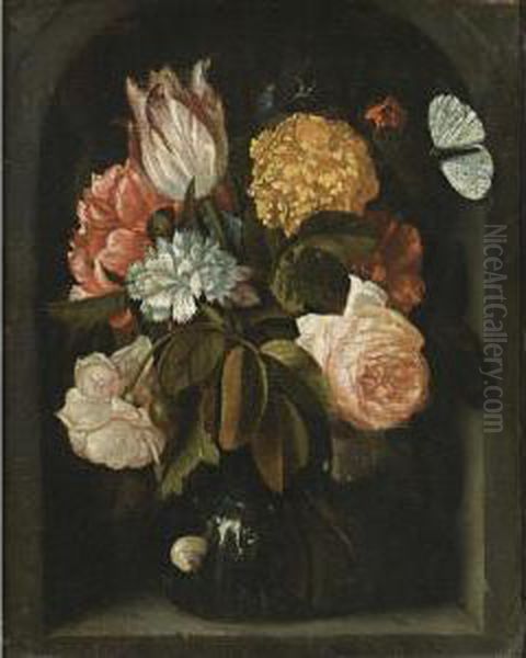 A Still Life With Roses, A 
Tulip, Carnations, A Peony And Other Flowers, All In A Glass Vase, With A
 Snail And A Butterfly, In A Stone Niche Oil Painting by Jan Pauwel Gillemans The Elder