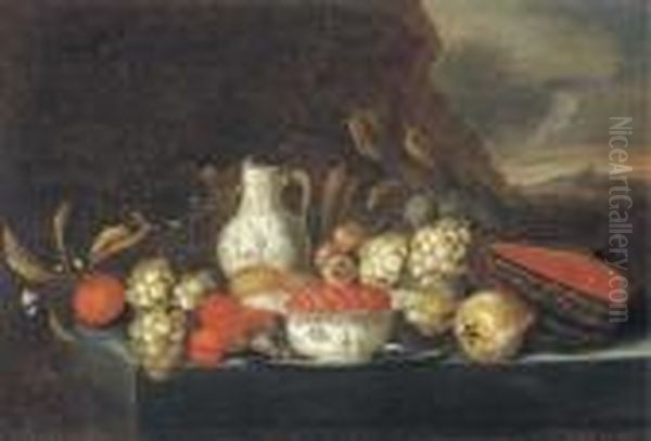 Grapes, Plums, Figs, Pears, 
Peaches, Oranges, A Melon, A Kraakporcelain Bowl Of Strawberries On A 
Pewter Platter With A Jug And Aglass Of Wine On A Stone Ledge In A 
Landscape Oil Painting by Jan Pauwel Gillemans The Elder