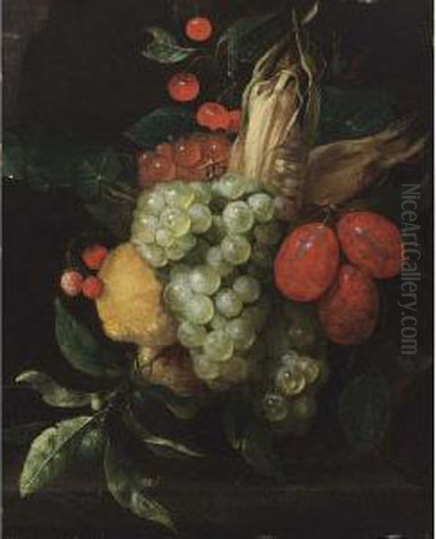 A Still Life With A Bunch Of 
White And Black Grapes, Prunes, Lemons, Corn, Cherries And Strawberries 
Hanging Above A Stone Ledge Oil Painting by Jan Pauwel Gillemans The Elder