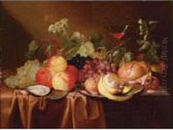 Still Life Of Peaches, Grapes, A
 Peeled Lemon, An Oyster, A Bread Roll And A Glass Of Wine, All On A 
Draped Table Oil Painting by Jan Pauwel Gillemans The Elder