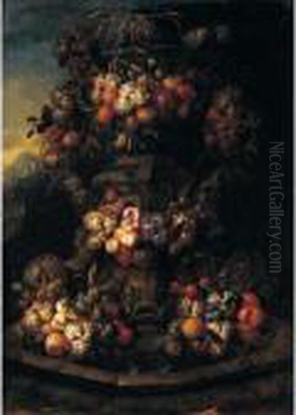 Still Life Of Swags Of Fruit Adorning A Stone Fountain Oil Painting by Jan Pauwel Gillemans The Elder