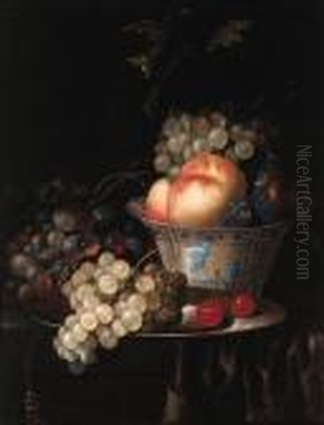 Peaches, Plums And Grapes In A 
Wan Li Kraak Porselein Bowl, Withgrapes And Cherries On A Pewter Plate, 
On A Draped Ledge Oil Painting by Jan Pauwel Gillemans The Elder