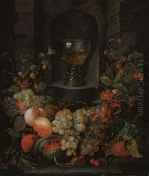 A Roemer In A Niche Surrounded 
By A Garland Of Grapes, Apples,strawberries And Other Fruit Oil Painting by Jan Pauwel Gillemans The Elder