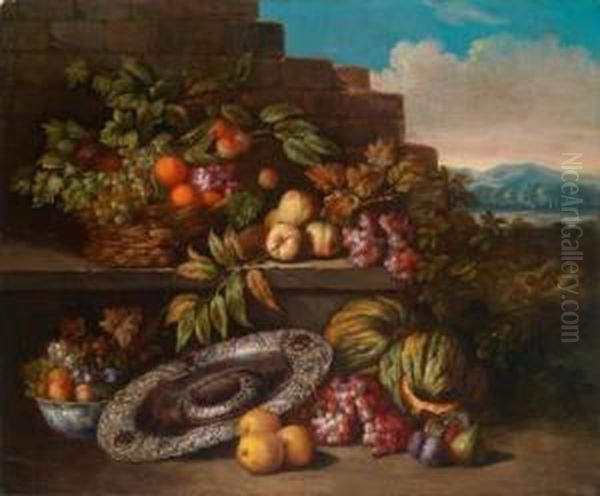 Ein Stilllebenvon Fruchten Und 
Einer Silbernen Prunkschale Auf Einem Sockel Ineiner Weiten Landschaft Oil Painting by Jan Pauwel Ii Gillemans