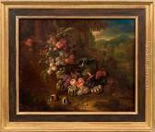 Fruchtestillleben Mit Papagei Und Meerschweinchen Oil Painting by Jan Pauwel Ii Gillemans