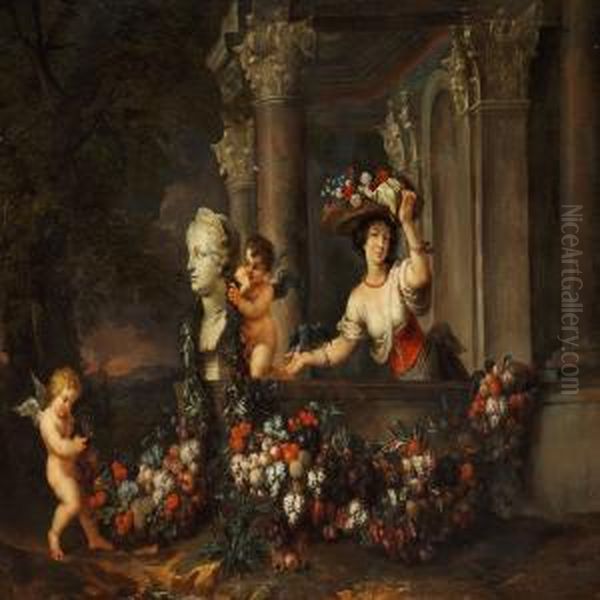 A Young Lady With A Flower Basket In A Classical Architectural Fantasy Oil Painting by Jan Pauwel Ii Gillemans