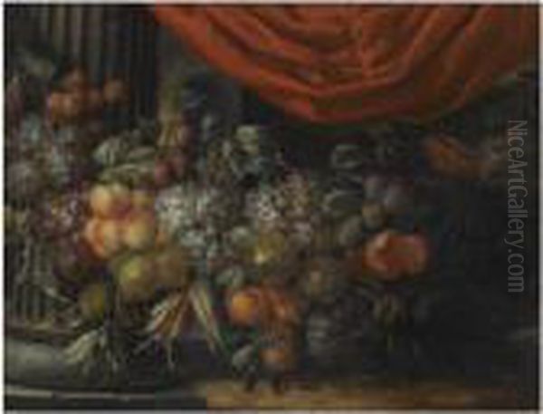 A Garland Of Blue And White 
Grapes, Peaches, Oranges, Lemons Andprunes, Figs, Corn And Chestnuts, In
 A Landscape Near A Classicalcolumn by Jan Pauwel Ii Gillemans