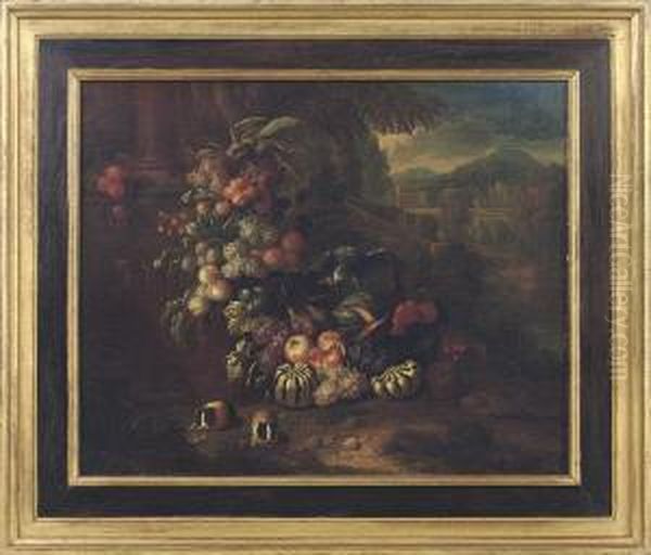 Grapes, Pumpkins, Melons And 
Other Fruit, A Parrot And Twoguinea-pigs In An Italianate Landscape Oil Painting by Jan Pauwel Ii Gillemans