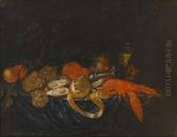 A Pewter Dish Of Oysters, 
Lobster And A Peeled Lemon On A Draped Table With Grapes, Oranges And A 
Roemer
 Of White Wine Oil Painting by Jan Pauwel Ii Gillemans