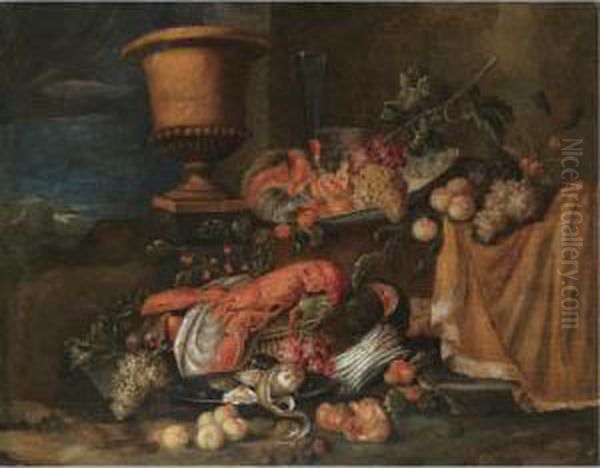 A Still Life With A Lobster 
Together With Grapes, Melons, Figs Pommegranates And Various Other 
Fruits, Together With An Urn And Various Bowls In A Landscape Oil Painting by Jan Pauwel Ii Gillemans