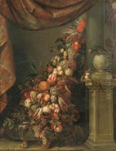 Festone Di Frutta Con Tendaggio E Vasellame In Argento Oil Painting by Jan Pauwel Ii Gillemans