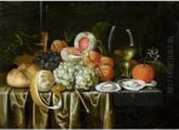 Still Life With A Roemer, 
Oysters, Oranges, Grapes, Apricots, A Peach, A Bun And A Lemon Together 
On A Stone Ledge Draped With A Cloth Oil Painting by Jan Pauwel Ii Gillemans