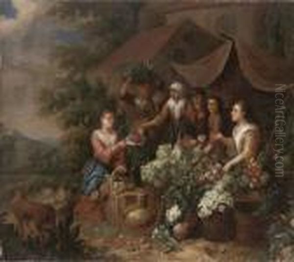 Fruit And Vegetable Sellers By A Church Oil Painting by Jan Pauwel Ii Gillemans