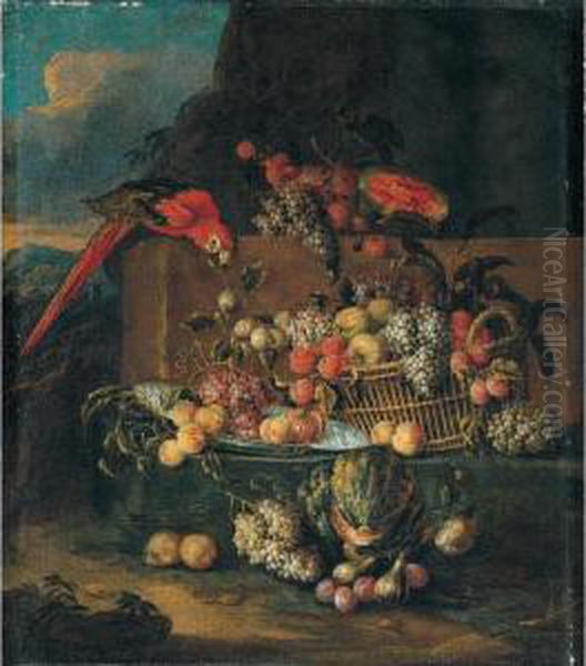 Still Life Of Fruits In A Basket And A Blue And White Dish With A Parrot In A Landscape Oil Painting by Jan Pauwel Ii Gillemans