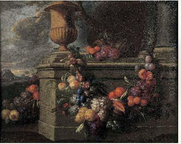 Nature Morte A La Guirlande De Fruits Ornant Une Balustrade Oil Painting by Jan Pauwel Ii Gillemans