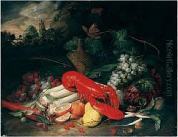 Still Life Of A Lobster, Leeks, 
Carrots, Radishes, Cabbage, Grapes, Oranges, Lemons, Cherries And 
Walnuts, Together With A Flagon Of Wine, In A Landscape Setting Oil Painting by Jan Pauwel Ii Gillemans