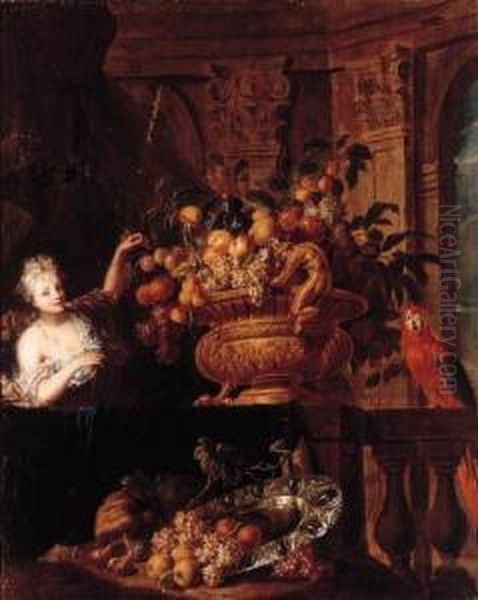 A Silver-gilt Bowl, Grapes, 
Peaches, Oranges, Figs And A Basket Offruit With A Monkey And A Squirrel
 On A Ledge, With A Lady Before Aportico; And A Gilt Bowl, Grapes, 
Oranges, Apples And Other Fruitwith A Macaw And A Lady By A Partially 
Draped Led by Jan Pauwel Ii Gillemans