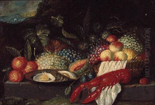 A Lobster, A Plate Of Oysters And Fruit On A Stone Ledge In Alandscape Oil Painting by Jan Pauwel Ii Gillemans