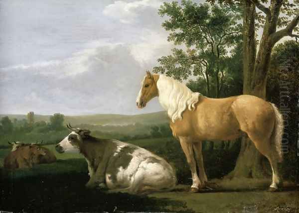 A Horse And Cows In A Landscape Oil Painting by Abraham Van Calraet