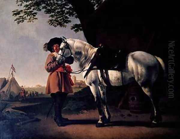 A Cavalier with a grey horse Oil Painting by Abraham Van Calraet