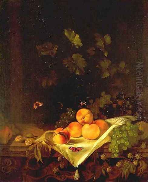 Still-life with Peaches and Grapes c. 1680 Oil Painting by Abraham Van Calraet