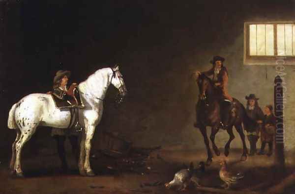 Horsemen with a grey and a bay in a riding school Oil Painting by Abraham Van Calraet