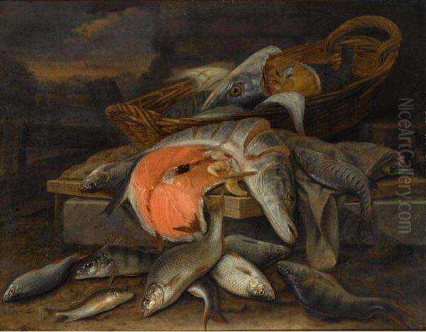 Other Properties
 

 
 
 

 
 A Still Life With A Pike, A Piece Of Salmon In A Basket, 
Together With Perches And Other Fresh-water Fish All On Different Ledges Oil Painting by Jakob Gillig