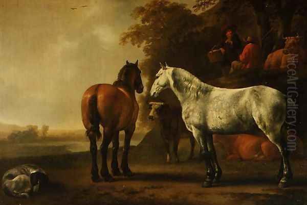 Horses and Cattle in a Landscape Oil Painting by Abraham Van Calraet