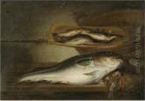 A Still Life With Fish On A Table Top, Other Fish In A Vat Behind Oil Painting by Jakob Gillig